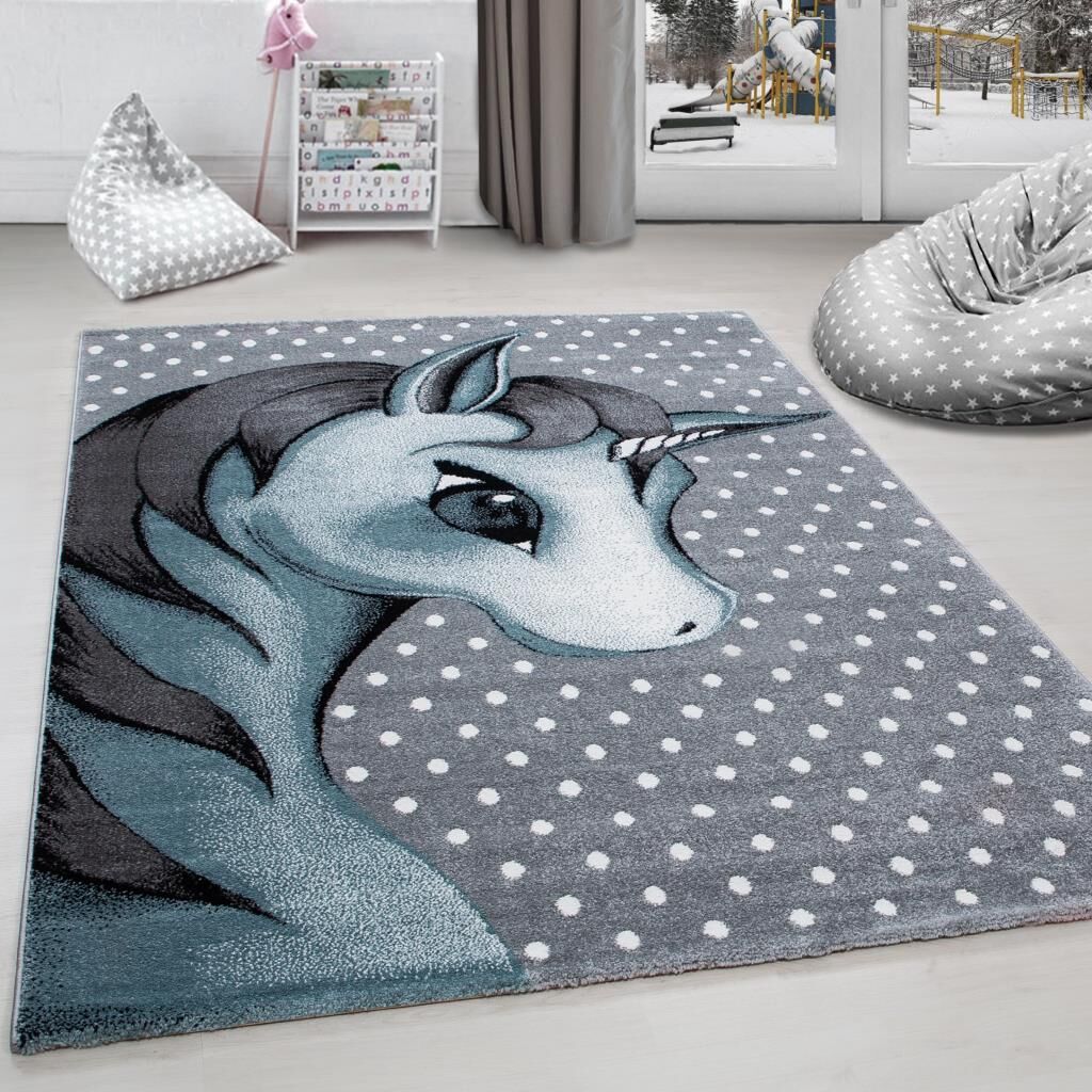 Sevimli Unicorn Tasarım Halı Mavi Gri Halı Yumuşak Dikdörtgen Jüt Halı Çocuk Odası Oyun Halısı