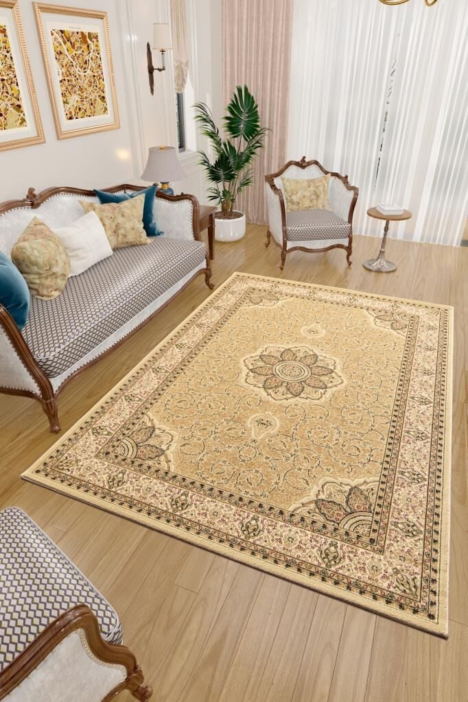 İran Halısı Bordürlü Çiçek Desenli Sık Dokuma Bej Halı Oturma Odası Halısı Salon Halısı
