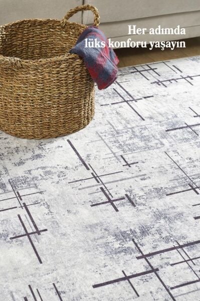 Dijital Baskı Yıkanabilir Kaymaz Taban Çizgili Gri Salon Halısı Mutfak Halısı Yolluk