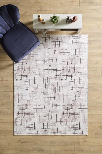 Dijital Baskı Yıkanabilir Kaymaz Taban Çizgili Bej Kahverengi Salon Halısı Mutfak Halısı Yolluk