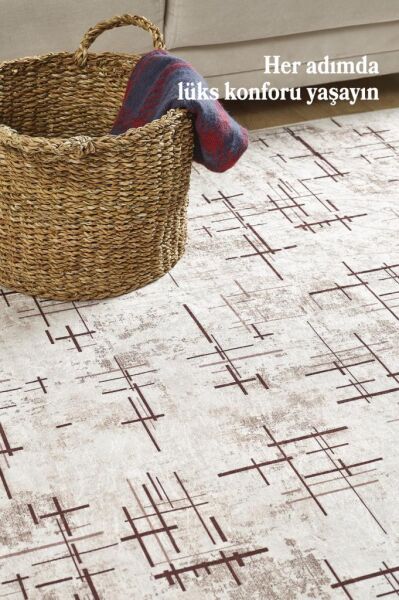 Dijital Baskı Yıkanabilir Kaymaz Taban Çizgili Bej Kahverengi Salon Halısı Mutfak Halısı Yolluk