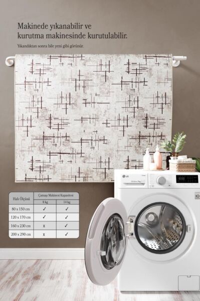 Dijital Baskı Yıkanabilir Kaymaz Taban Çizgili Bej Kahverengi Salon Halısı Mutfak Halısı Yolluk