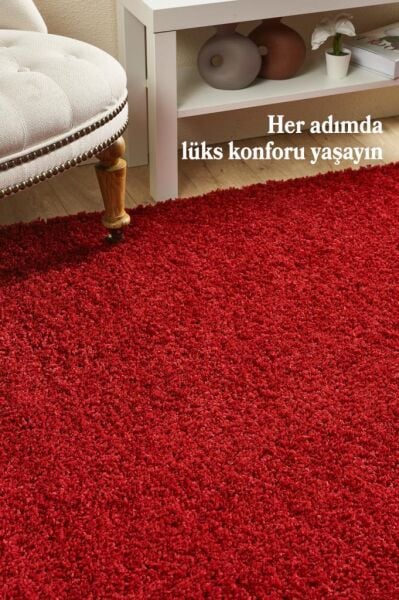 Tek Renk Desensiz Kırmızı Yumuşak Post Peluş Shaggy Halı Salon Oturma Odası Yolluk Mutfak Halısı