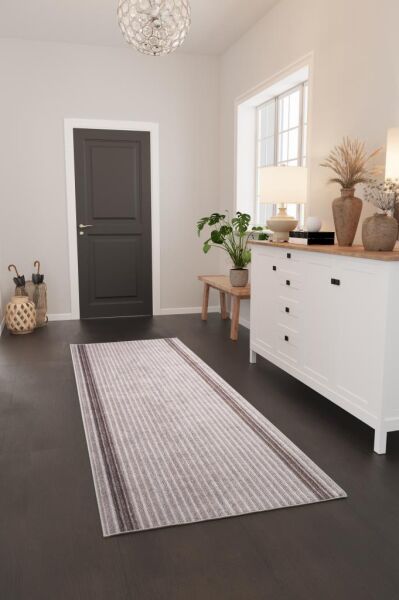 Dijital Baskı Yıkanabilir Kaymaz Taban Bordürlü Kahverengi Salon Halısı Mutfak Halısı Yolluk