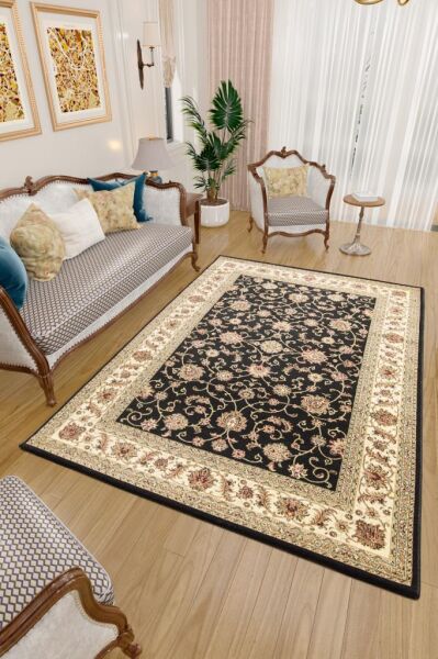 Bordürlü Klasik Çiçek desen İran Tarzı Afgan Halısı Siyah Halı Jüt Halı Salon Oturma Odası Halısı