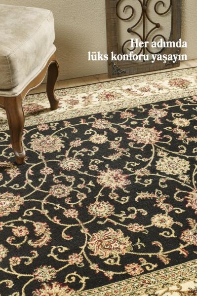 Bordürlü Klasik Çiçek desen İran Tarzı Afgan Halısı Siyah Halı Jüt Halı Salon Oturma Odası Halısı