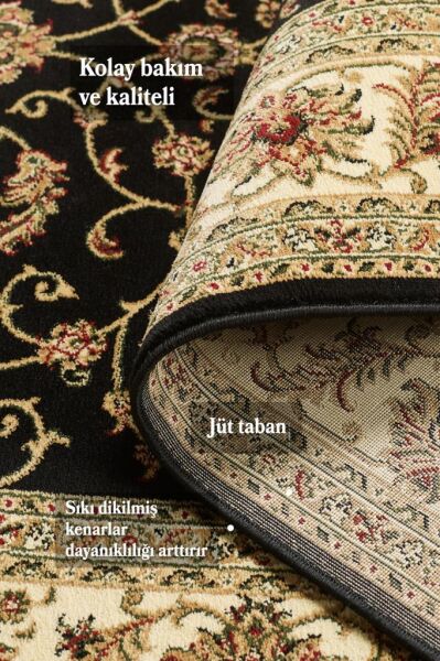 Bordürlü Klasik Çiçek desen İran Tarzı Afgan Halısı Siyah Halı Jüt Halı Salon Oturma Odası Halısı