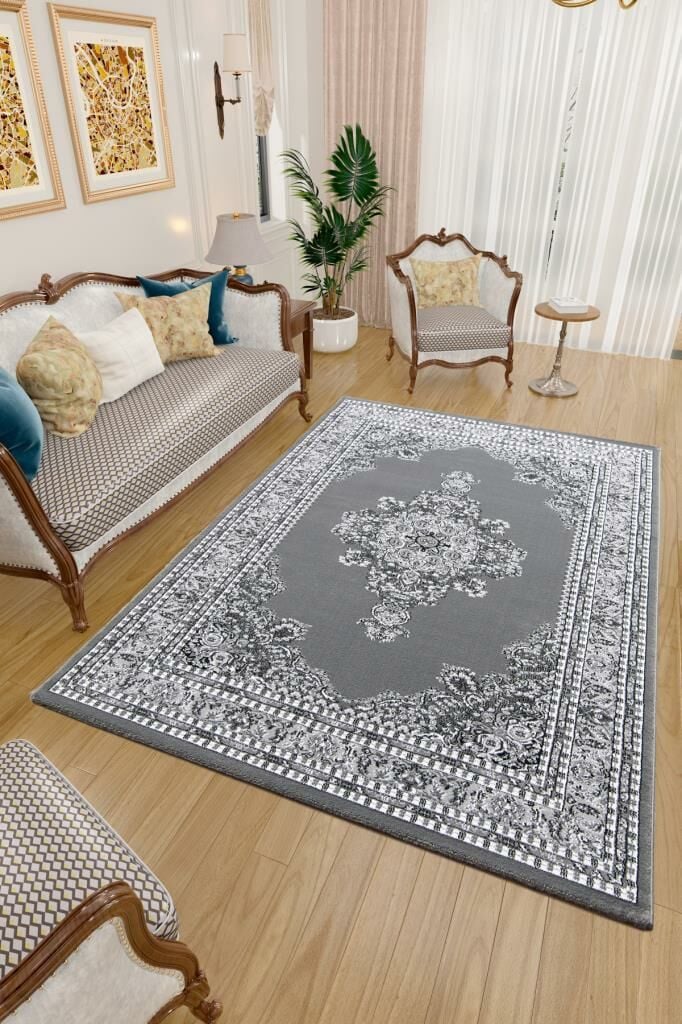 Bordürlü Klasik İran Tarzı Afgan Halısı Gri Halı Jüt Halı Salon Oturma Odası Halısı