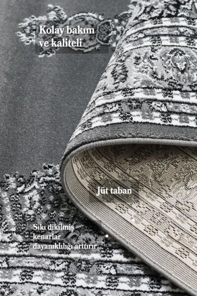 Bordürlü Klasik İran Tarzı Afgan Halısı Gri Halı Jüt Halı Salon Oturma Odası Halısı