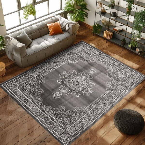 Bordürlü Klasik İran Tarzı Afgan Halısı Gri Halı Jüt Halı Salon Oturma Odası Halısı