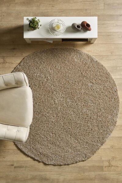 Tek Renk Desensiz Bej Yuvarlak Yumuşak Post Peluş Shaggy Halı Salon Oturma Odası Yolluk Mutfak Halı