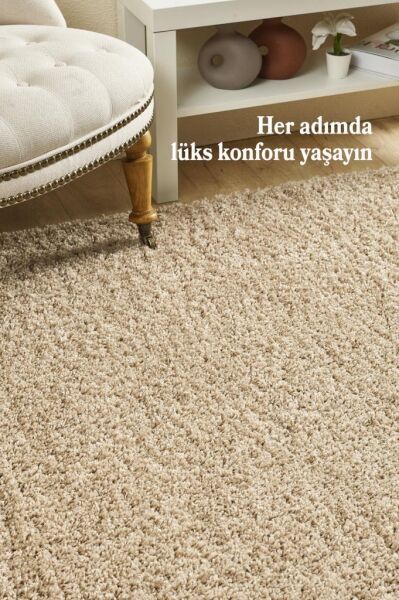 Tek Renk Desensiz Bej Yuvarlak Yumuşak Post Peluş Shaggy Halı Salon Oturma Odası Yolluk Mutfak Halı