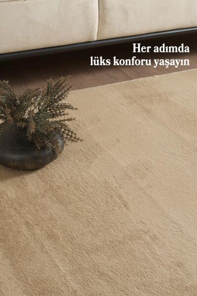 Kolay Temizlenebilir Yıkanabilir Bej Tavşan Tüyü Halı Salon Oturma Odası Yolluk Mutfak Halısı