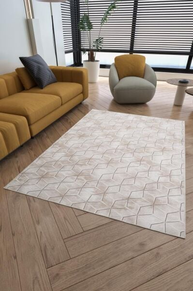 Dijital Baskı Yıkanabilir Kaymaz Taban Çizgili Bej Kahverengi Salon Halısı Mutfak Halısı Yolluk