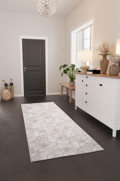 Dijital Baskı Yıkanabilir Kaymaz Taban Çizgili Bej Kahverengi Salon Halısı Mutfak Halısı Yolluk