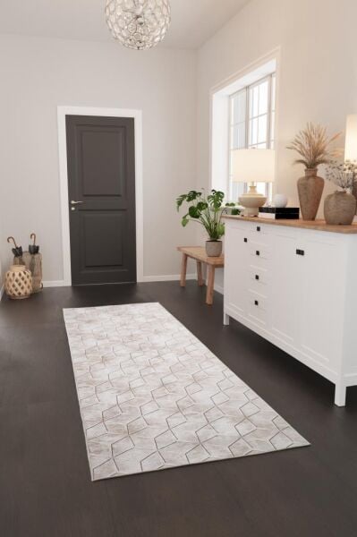 Dijital Baskı Yıkanabilir Kaymaz Taban Çizgili Bej Kahverengi Salon Halısı Mutfak Halısı Yolluk