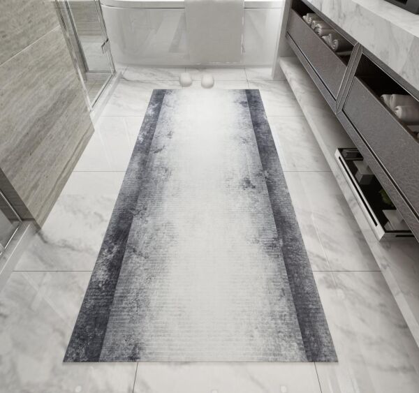 Dijital Baskı Yıkanabilir Kaymaz Taban Bordürlü Gri Salon Halısı Mutfak Halısı Yolluk