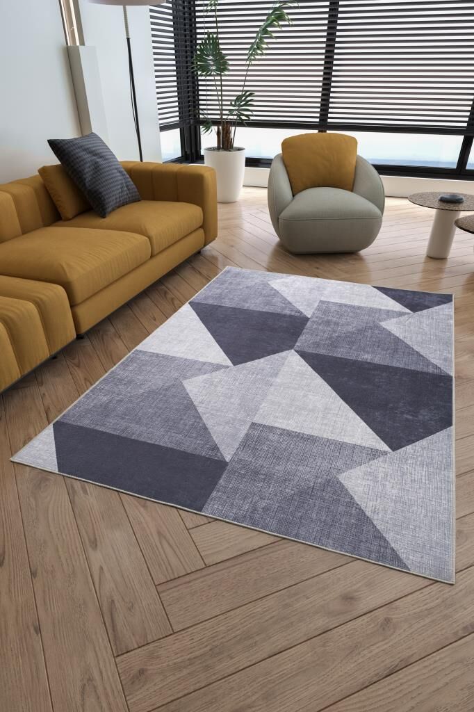 Dijital Baskı Yıkanabilir Kaymaz Taban Geometrik Tasarım Siyah Salon Halısı Mutfak Halısı Yolluk