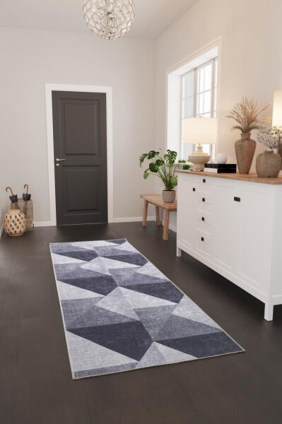 Dijital Baskı Yıkanabilir Kaymaz Taban Geometrik Tasarım Siyah Salon Halısı Mutfak Halısı Yolluk