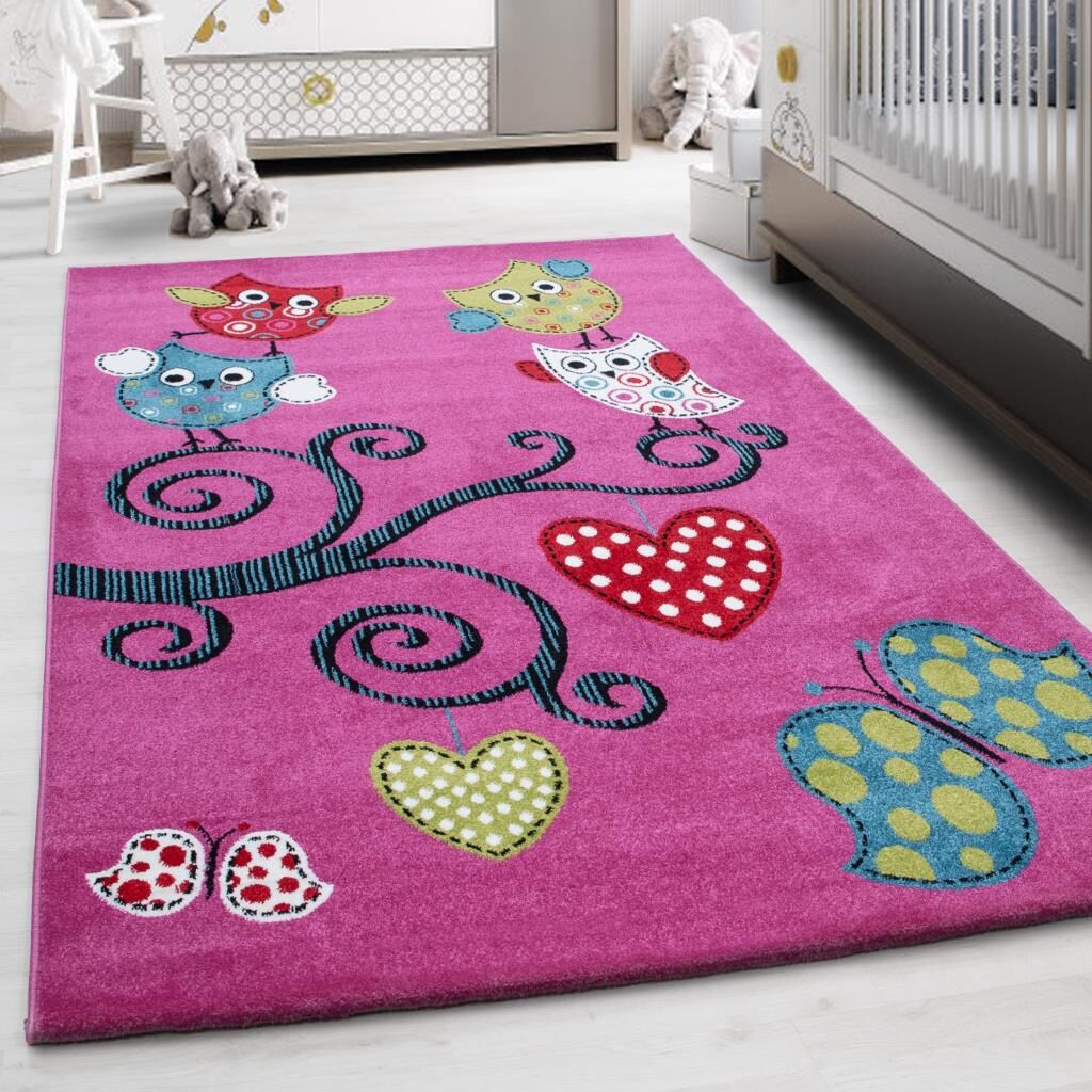 Sevimli Baykuş Desen Halı Pembe Halı Yumuşak Dikdörtgen Jüt Halı Çocuk Odası Oyun Halısı