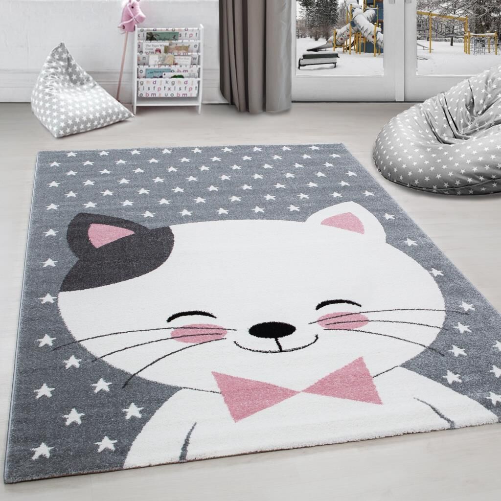 Sevimli Kedi Desen Halı Pembe Beyaz Gri Halı Yumuşak Dikdörtgen Jüt Halı Çocuk Odası Oyun Halısı