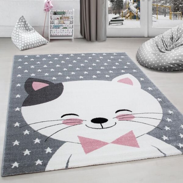 Sevimli Kedi Desen Halı Pembe Beyaz Gri Halı Yumuşak Dikdörtgen Jüt Halı Çocuk Odası Oyun Halısı