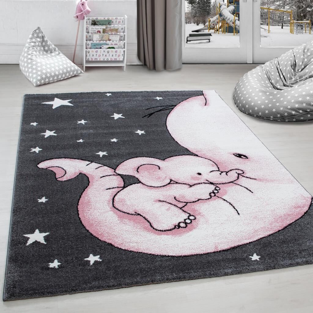 Sevimli Fil Desen Halı Pembe Gri Halı Yumuşak Dikdörtgen Jüt Halı Çocuk Odası Oyun Halısı