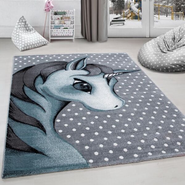 Sevimli Unicorn Tasarım Halı Mavi Gri Halı Yumuşak Dikdörtgen Jüt Halı Çocuk Odası Oyun Halısı