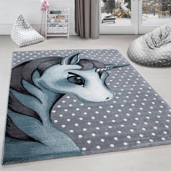 Sevimli Unicorn Tasarım Halı Mavi Gri Halı Yumuşak Dikdörtgen Jüt Halı Çocuk Odası Oyun Halısı