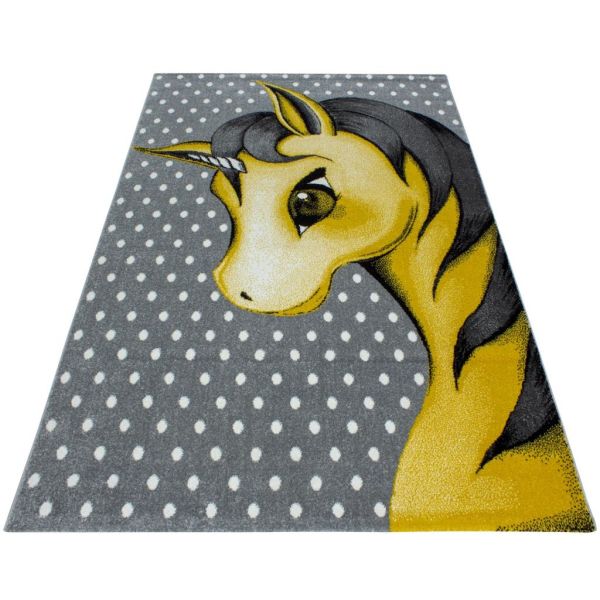 Sevimli Unicorn Tasarım Halı Sarı Gri Halı Yumuşak Dikdörtgen Jüt Halı Çocuk Odası Oyun Halısı