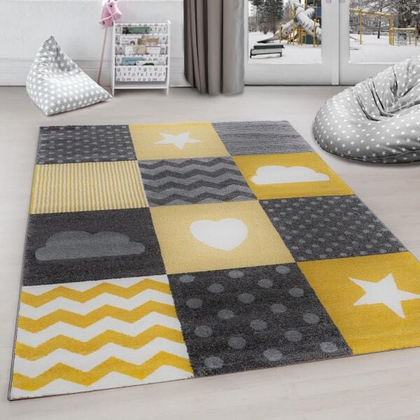 Kareli Kalp Yıldız Ve Bulut Desen Halı Sarı Gri Halı Yumuşak  Jüt Halı Çocuk Odası Oyun Halısı