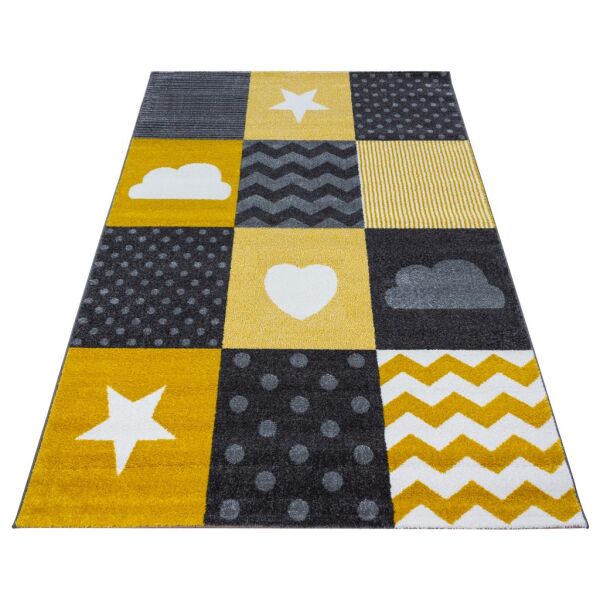 Kareli Kalp Yıldız Ve Bulut Desen Halı Sarı Gri Halı Yumuşak  Jüt Halı Çocuk Odası Oyun Halısı