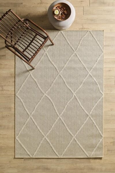 İskandinav Tasarım Baklava Desenli Bej Halı Salon Halısı Mutfak Halısı Yolluk Paspas Dış Mekan Halı