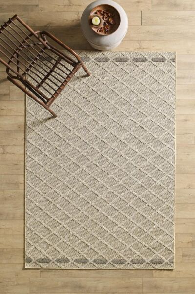 İskandinav Tasarım Karo Desenli Bej Halı Salon Halısı, Mutfak Halısı, Yolluk, Paspas,Dış mekan Halı