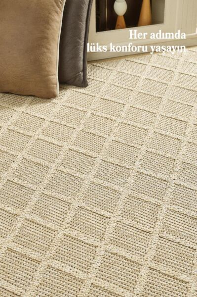 İskandinav Tasarım Karo Desenli Bej Halı Salon Halısı, Mutfak Halısı, Yolluk, Paspas,Dış mekan Halı