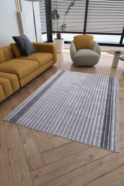 Dijital Baskı Yıkanabilir Kaymaz Taban Bordürlü Gri Salon Halısı Mutfak Halısı Yolluk