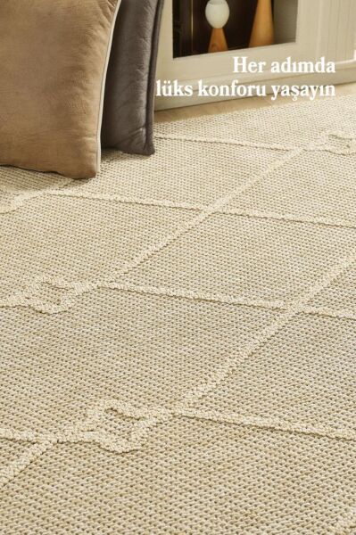 İskandinav Tasarım Boho Desenli Bej Halı Salon Halısı Mutfak Halısı Yolluk Paspas Dış Mekan Halısı