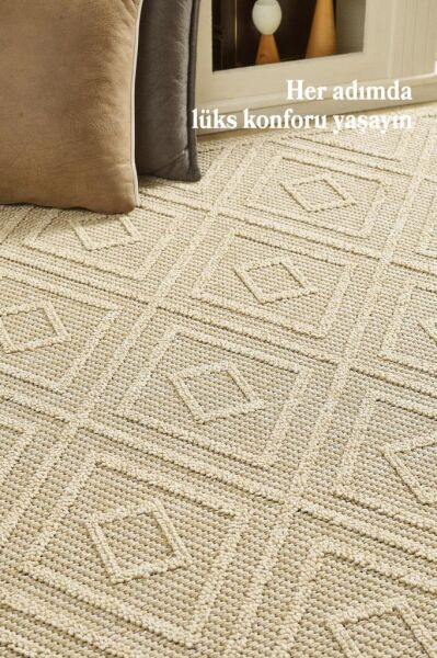 İskandinav Tasarım Geometrik Desenli Bej Halı Salon Halısı Mutfak Halısı Yolluk Dış Mekan Halı