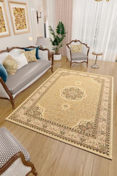 İran Halısı Bordürlü Çiçek Desenli Sık Dokuma Bej Halı Oturma Odası Halısı Salon Halısı