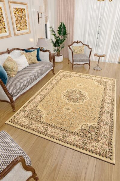 İran Halısı Bordürlü Çiçek Desenli Sık Dokuma Bej Halı Oturma Odası Halısı Salon Halısı
