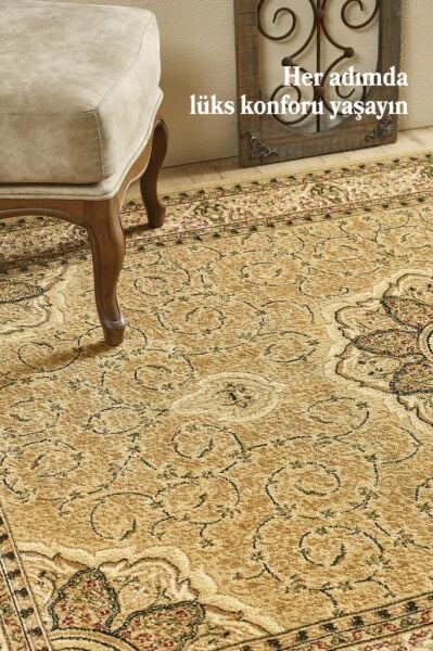 İran Halısı Bordürlü Çiçek Desenli Sık Dokuma Bej Halı Oturma Odası Halısı Salon Halısı