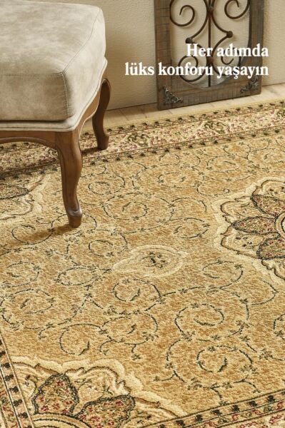 İran Halısı Bordürlü Çiçek Desenli Sık Dokuma Bej Halı Oturma Odası Halısı Salon Halısı