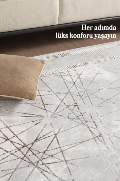 Modern ve Şık Tasarımlı Saçaklı Bej Pamuk Halı Salon Oturma Odası Yolluk Mutfak Koridor Halısı