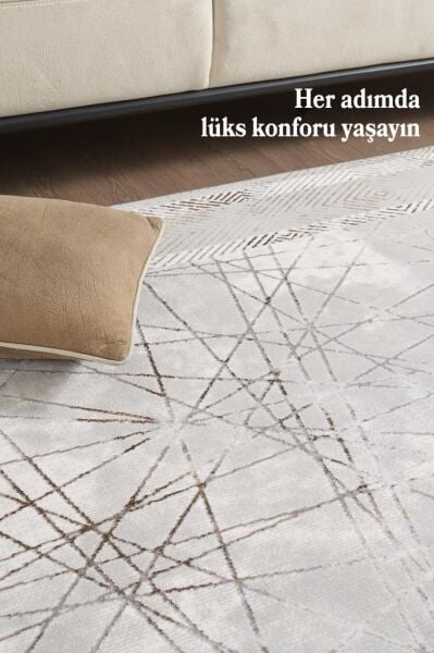 Modern ve Şık Tasarımlı Saçaklı Bej Pamuk Halı Salon Oturma Odası Yolluk Mutfak Koridor Halısı