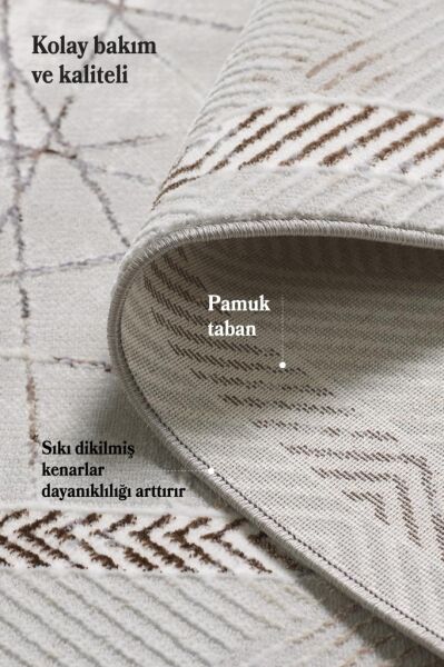 Modern ve Şık Tasarımlı Saçaklı Bej Pamuk Halı Salon Oturma Odası Yolluk Mutfak Koridor Halısı