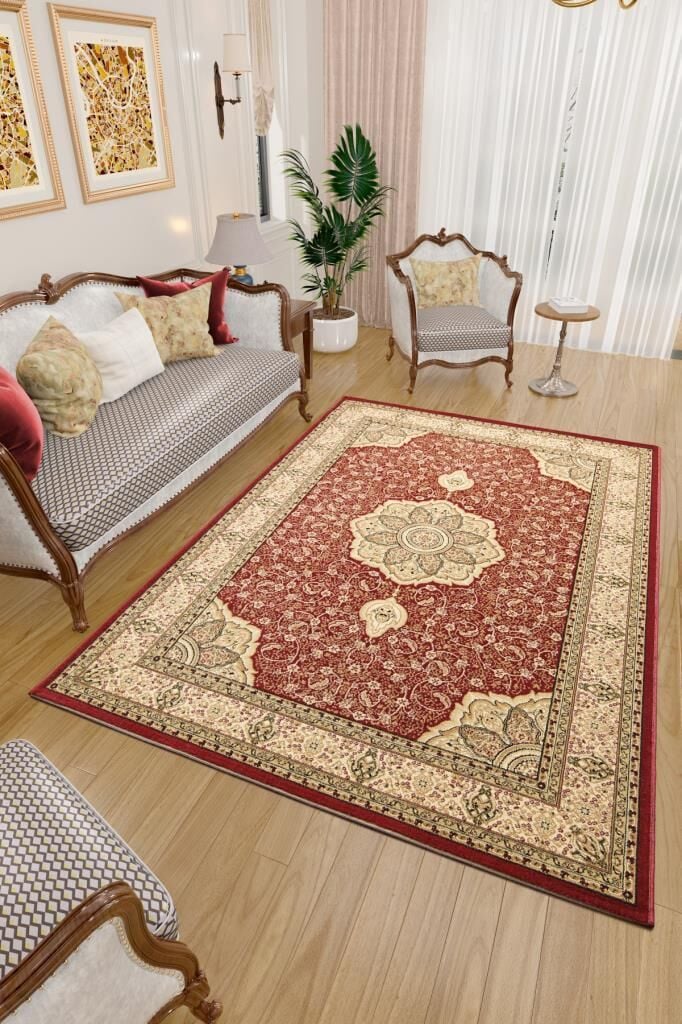 İran Halısı Bordürlü Çiçek Desenli Sık Dokuma Kırmızı Halı Oturma Odası Halısı Salon Halısı