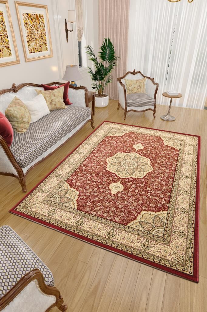 İran Halısı Bordürlü Çiçek Desenli Sık Dokuma Kırmızı Halı Oturma Odası Halısı Salon Halısı