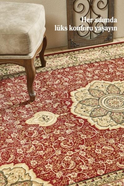 İran Halısı Bordürlü Çiçek Desenli Sık Dokuma Kırmızı Halı Oturma Odası Halısı Salon Halısı