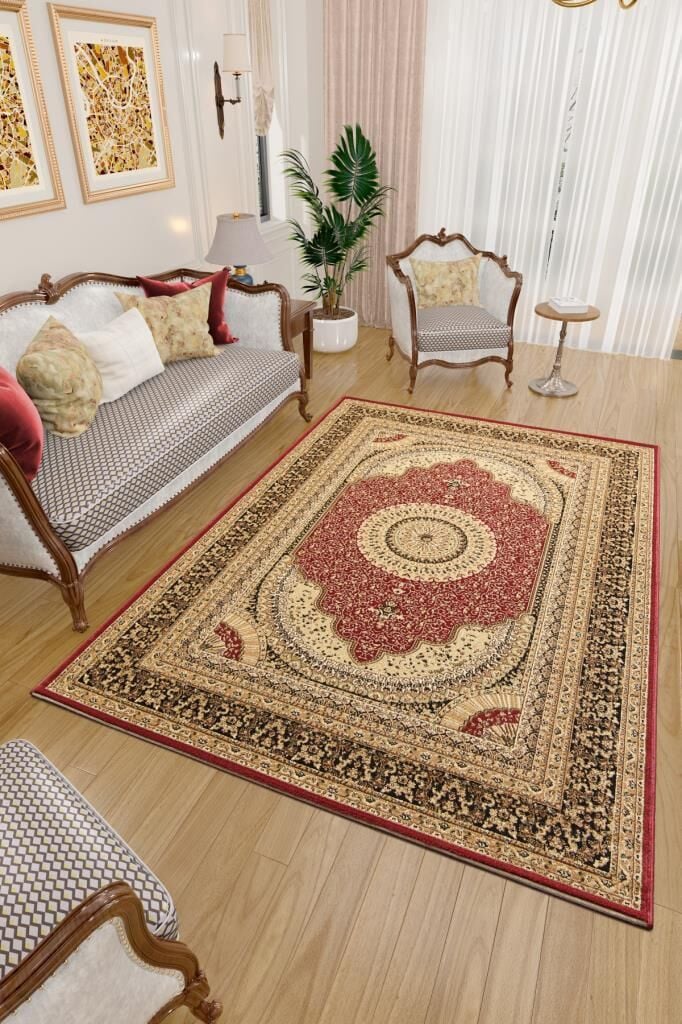 İran Halısı Bordürlü Madalyon Motifli Sık Dokuma Kırmızı Oturma Odası Halısı Salon Halısı