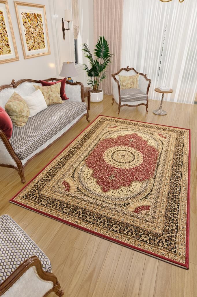 İran Halısı Bordürlü Madalyon Motifli Sık Dokuma Kırmızı Oturma Odası Halısı Salon Halısı